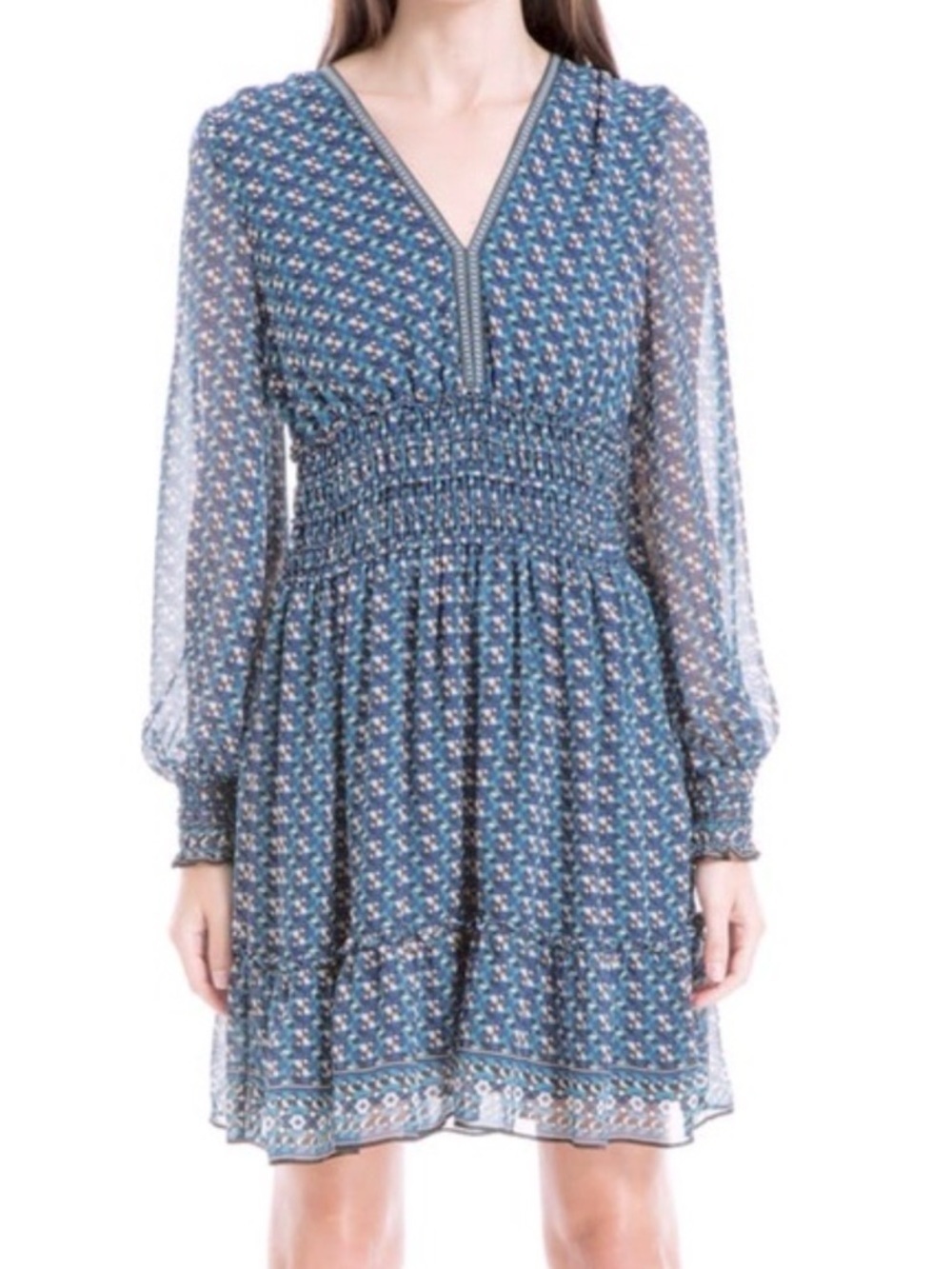 New Max Studio geometric floral print smocked waist long sleeve blue dress
